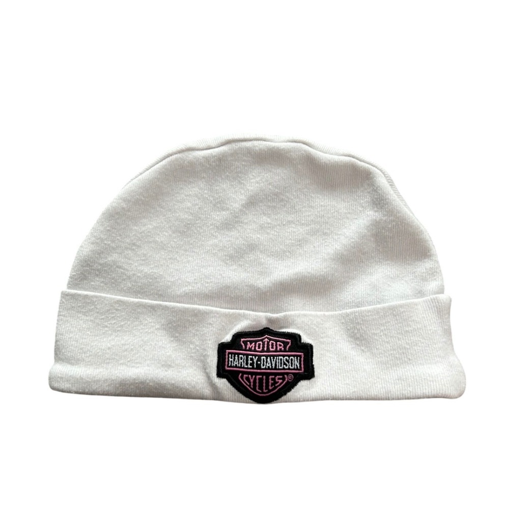 Harley-Davidson Baby Beanie White Pink Bar & Shield Logo‎ Hat 0-24M Biker Moto